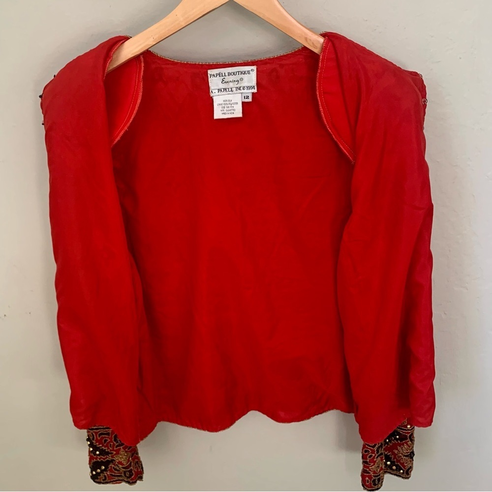 Adrianna Papell Boutique Evening Jacket Vintage 90’s Silk Beaded Red Gold 12 - Picture 14 of 16